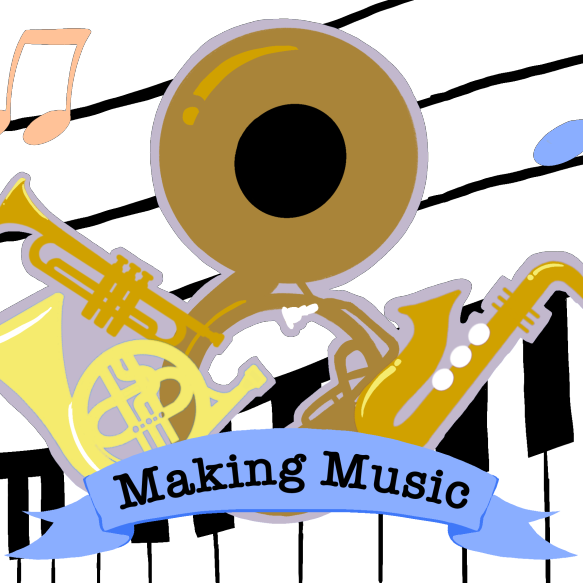 Rectangular mural with a transparent backgound. In the foreground are a French horn, trumpet, sousaphone, and alto saxophone in various shades of gold. In the middle of the instruments is a baby blue banner that reads, Making Music. In the backdrop is a row of piano keys underneath colorful musical notation.